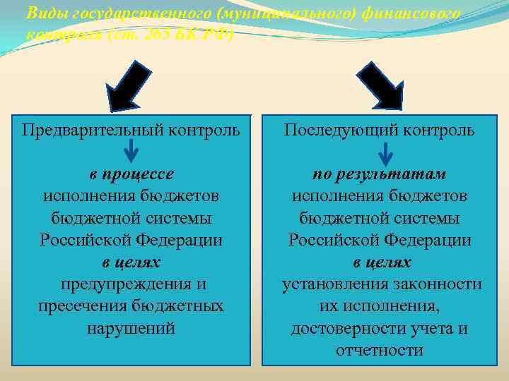 Виды государственного (муниципального) финансового контроля (ст. 265 БК РФ) Предварительный контроль Последующий контроль в