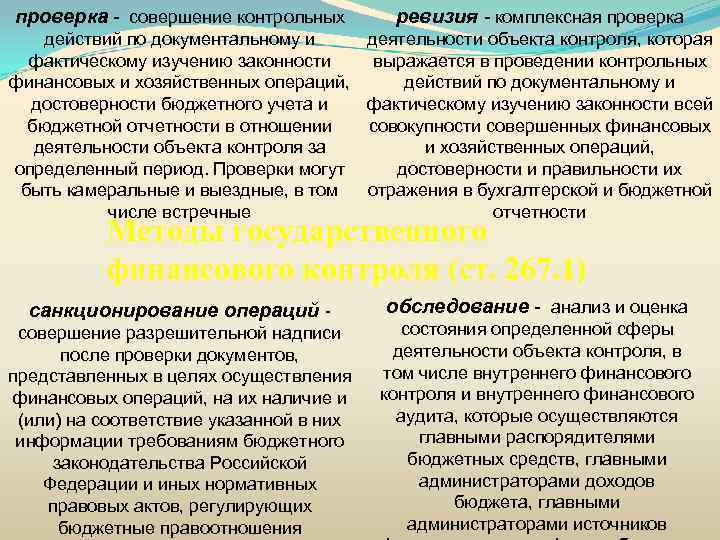 проверка - совершение контрольных ревизия - комплексная проверка действий по документальному и деятельности объекта