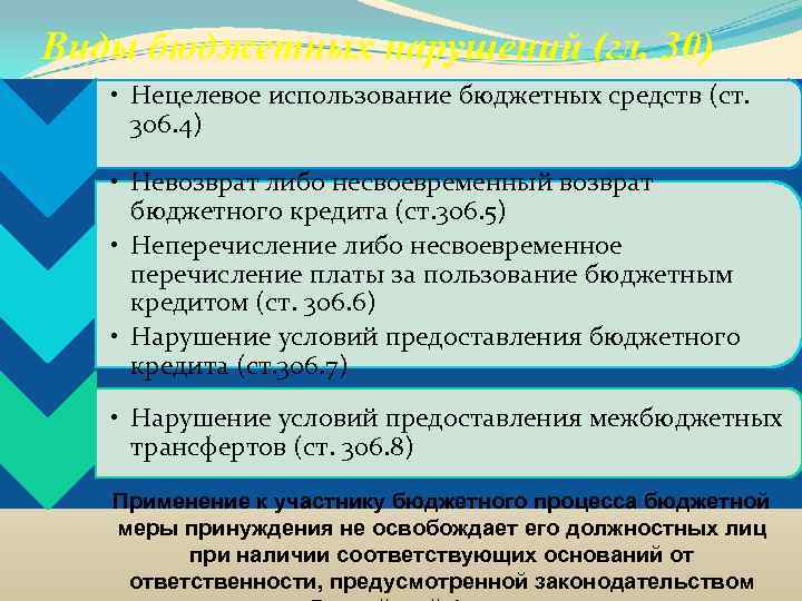 Виды бюджетных нарушений (гл. 30) • Нецелевое использование бюджетных средств (ст. 306. 4) •