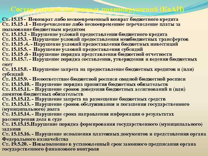 Состав административных правонарушений (Ко. АП) Ст. 15 - Невозврат либо несвоевременный возврат бюджетного кредита