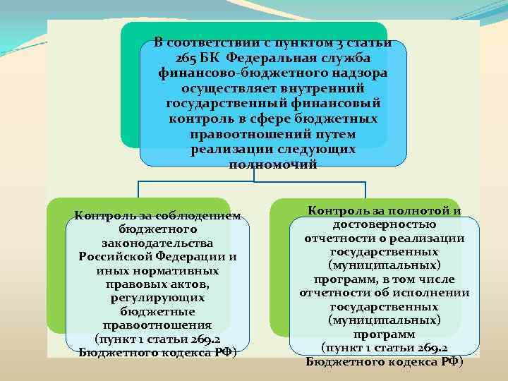 В соответствии с пунктом 3 статьи 265 БК Федеральная служба финансово-бюджетного надзора осуществляет внутренний