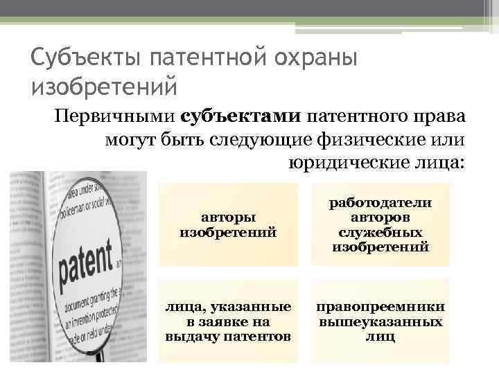 Субъекты патентной охраны изобретений Первичными субъектами патентного права могут быть следующие физические или юридические