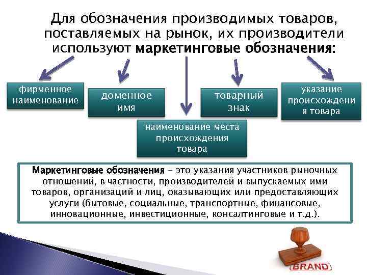 Для обозначения производимых товаров, поставляемых на рынок, их производители используют маркетинговые обозначения: фирменное наименование
