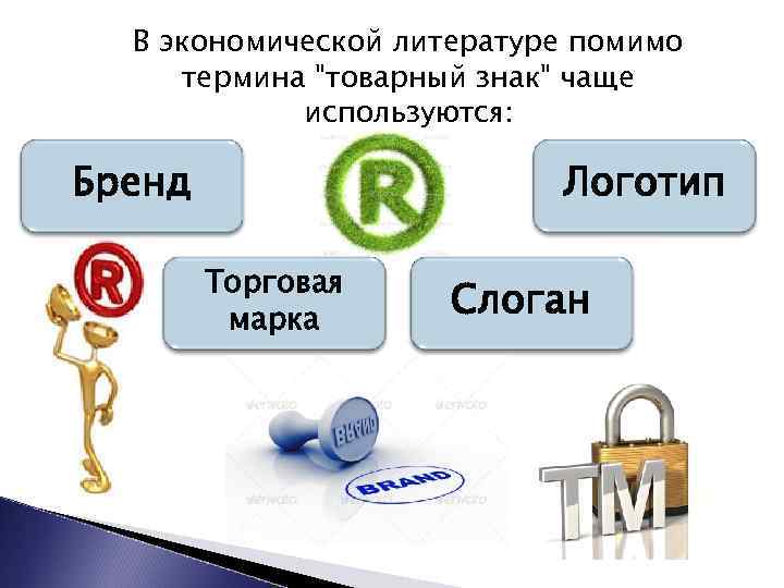 В экономической литературе помимо термина "товарный знак" чаще используются: Бренд Логотип Торговая марка Слоган