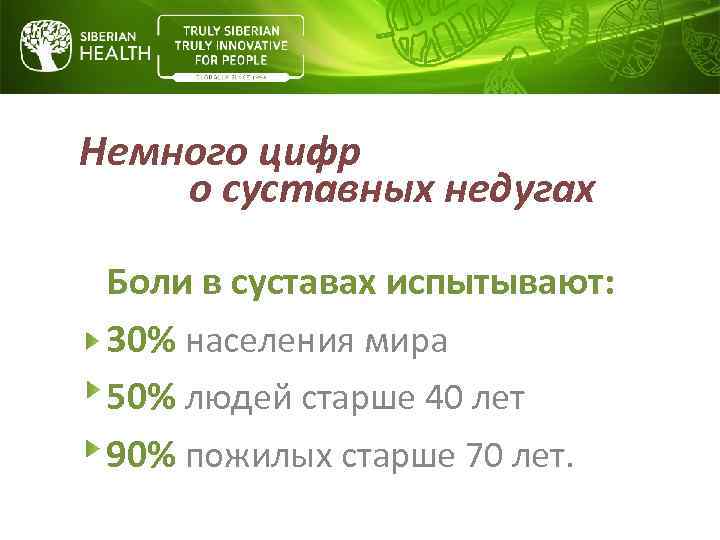 Немного цифр о суставных недугах Боли в суставах испытывают: 30% населения мира 50% людей