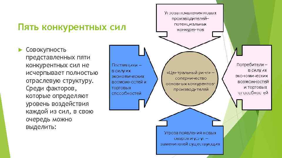 Пять конкурентных сил Совокупность представленных пяти конкурентных сил не исчерпывает полностью отраслевую структуру. Среди