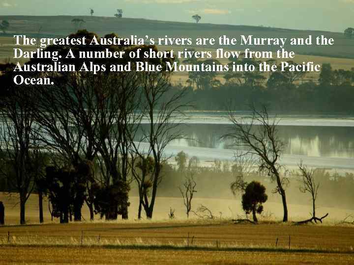 The greatest Australia’s rivers are the Murray and the Darling. A number of short