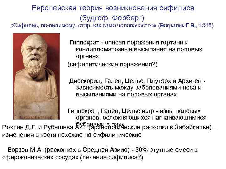  Европейская теория возникновения сифилиса (Зудгоф, Форберг) «Сифилис, по-видимому, стар, как само человечество» (Вогралик