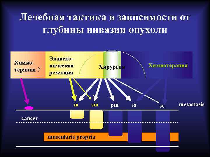 Лечебная тактика в зависимости от глубины инвазии опухоли Химиотерапия ? Эндоскопическая резекция Химиотерапия Хирургия