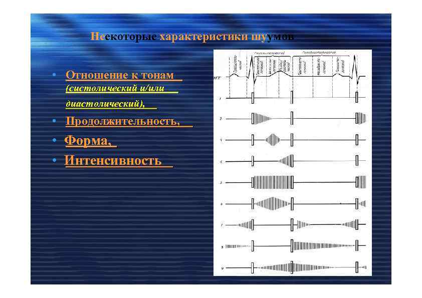 Неекоторые характеристики шуумов • Отношение к тонам (систолический и/или диастолический), • Продолжительность, • Форма,