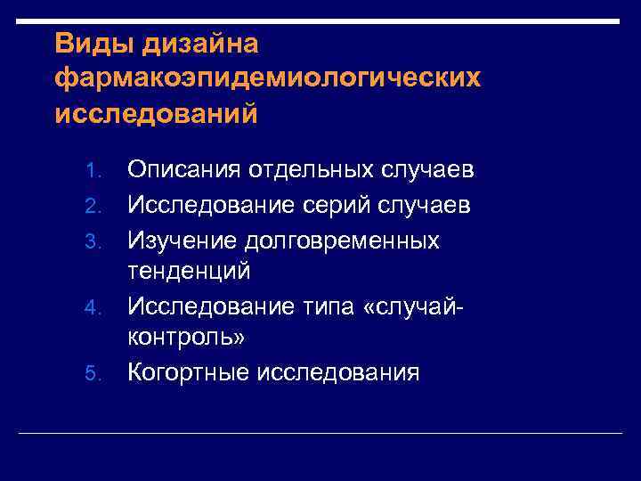 Виды дизайна фармакоэпидемиологических исследований 1. 2. 3. 4. 5. Описания отдельных случаев Исследование серий