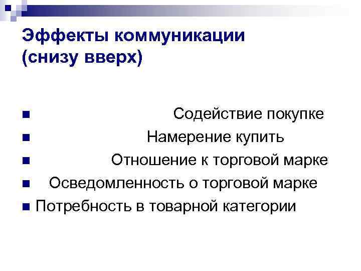 Эффекты коммуникации (снизу вверх) Содействие покупке n Намерение купить n Отношение к торговой марке