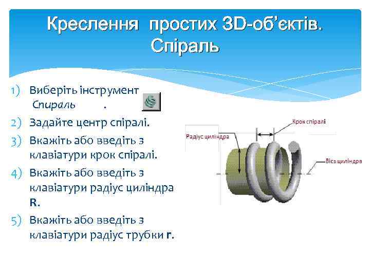 Креслення простих ЗD об’єктів. Спіраль 1) Виберіть інструмент Спираль. 2) Задайте центр спіралі. 3)