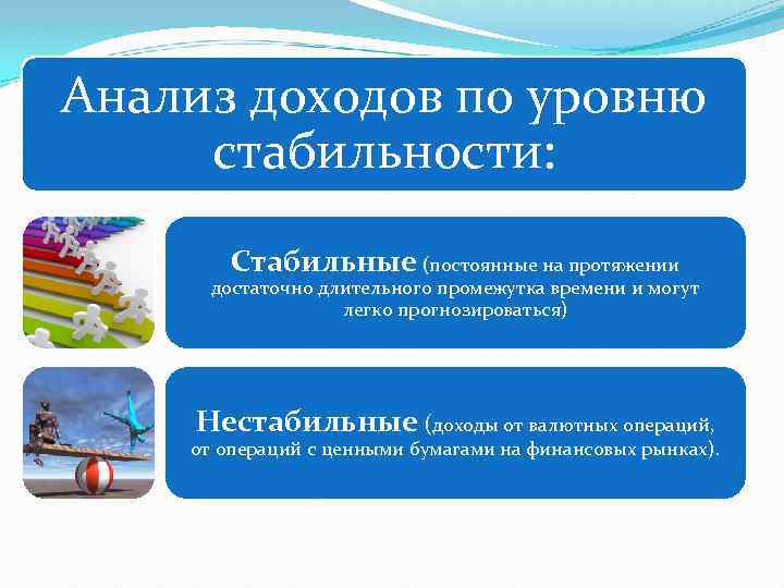 Анализ доходов по уровню стабильности: Стабильные (постоянные на протяжении достаточно длительного промежутка времени и