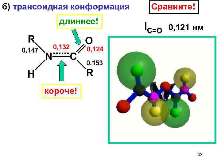 б) трансоидная конформация длиннее! Сравните! l. С=O 0, 121 нм l. N-С 0, 147