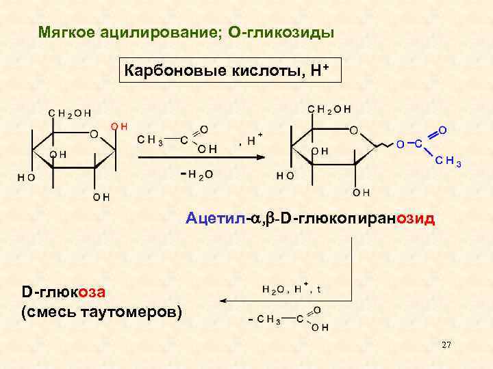 Мягкое ацилирование; О-гликозиды Карбоновые кислоты, Н+ Ацетил- , -D-глюкопиранозид D-глюкоза (смесь таутомеров) 27 