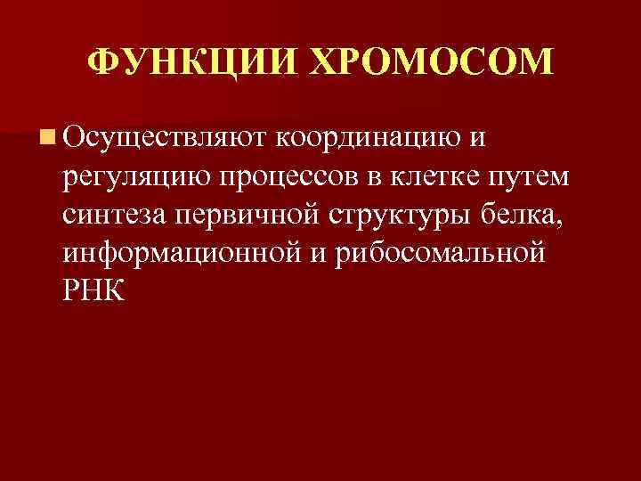 ФУНКЦИИ ХРОМОСОМ n Осуществляют координацию и регуляцию процессов в клетке путем синтеза первичной структуры