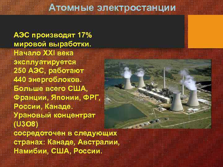 Атомные электростанции АЭС производят 17% мировой выработки. Начало ХХI века эксплуатируется 250 АЭС, работают