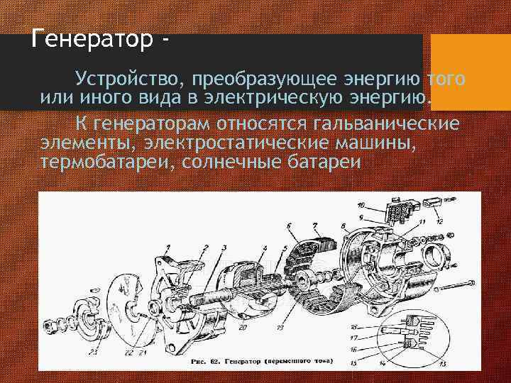 Генератор Устройство, преобразующее энергию того или иного вида в электрическую энергию. К генераторам относятся