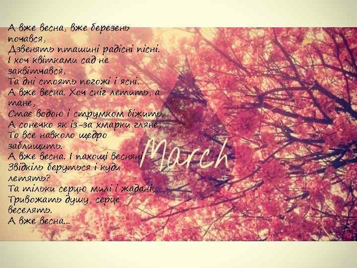 А вже весна, вже березень почався, Дзвенять пташині радісні пісні. І хоч квітками сад