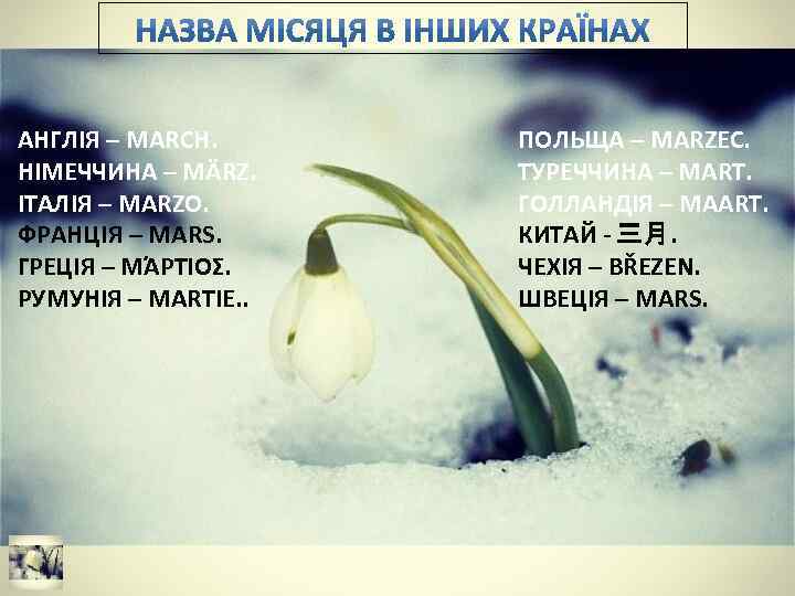 АНГЛІЯ – MARCH. НІМЕЧЧИНА – MÄRZ. ІТАЛІЯ – MARZO. ФРАНЦІЯ – MARS. ГРЕЦІЯ –