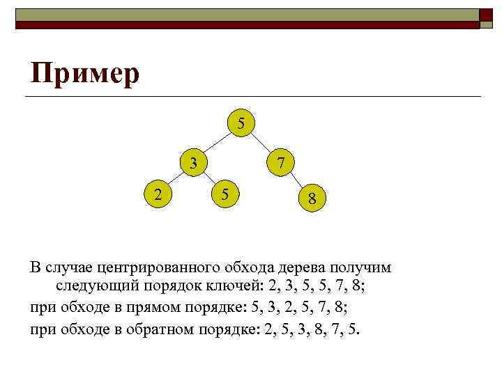 Пример 5 3 2 7 5 8 В случае центрированного обхода дерева получим следующий