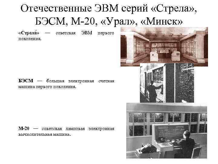 Отечественные ЭВМ серий «Стрела» , БЭСМ, М-20, «Урал» , «Минск» «Стрела » — поколения.