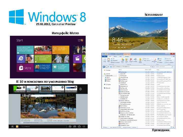 Screensaver 29. 02. 2012, Consumer Preview Интерфейс Metro IE 10 и поисковик по умолчанию