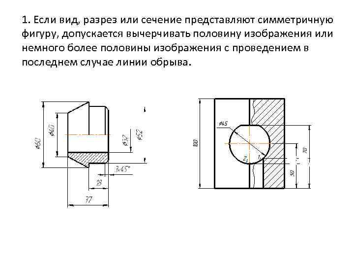 1. Если вид, разрез или сечение представляют симметричную фигуру, допускается вычерчивать половину изображения или