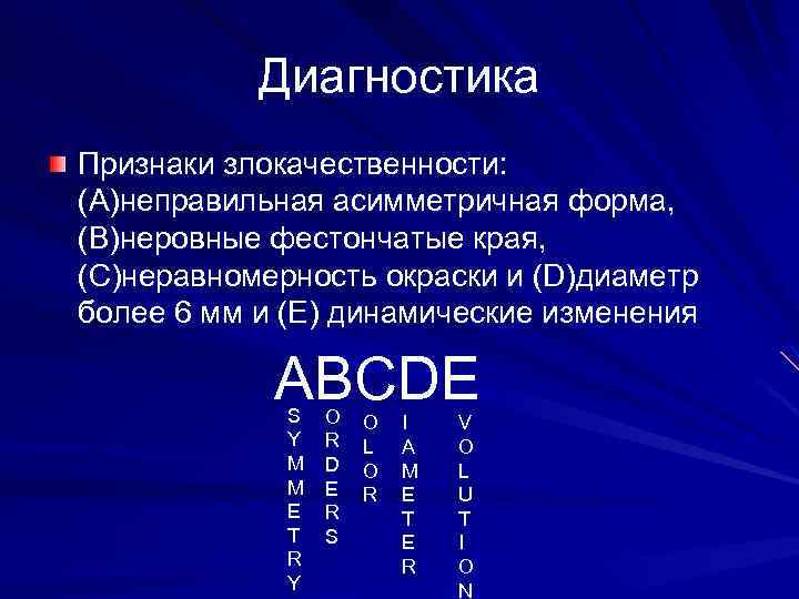 Диагностика Признаки злокачественности: (A)неправильная асимметричная форма, (B)неровные фестончатые края, (C)неравномерность окраски и (D)диаметр более