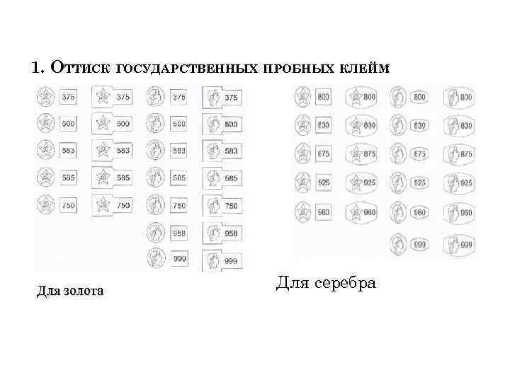 1. ОТТИСК ГОСУДАРСТВЕННЫХ ПРОБНЫХ КЛЕЙМ : Для золота Для серебра 