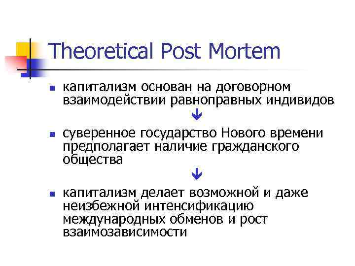 Theoretical Post Mortem n n n капитализм основан на договорном взаимодействии равноправных индивидов суверенное