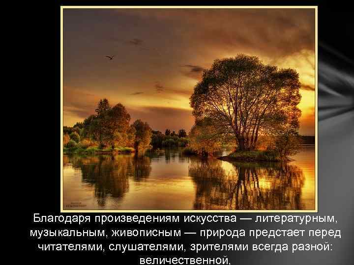 Благодаря произведениям искусства — литературным, музыкальным, живописным — природа предстает перед читателями, слушателями, зрителями