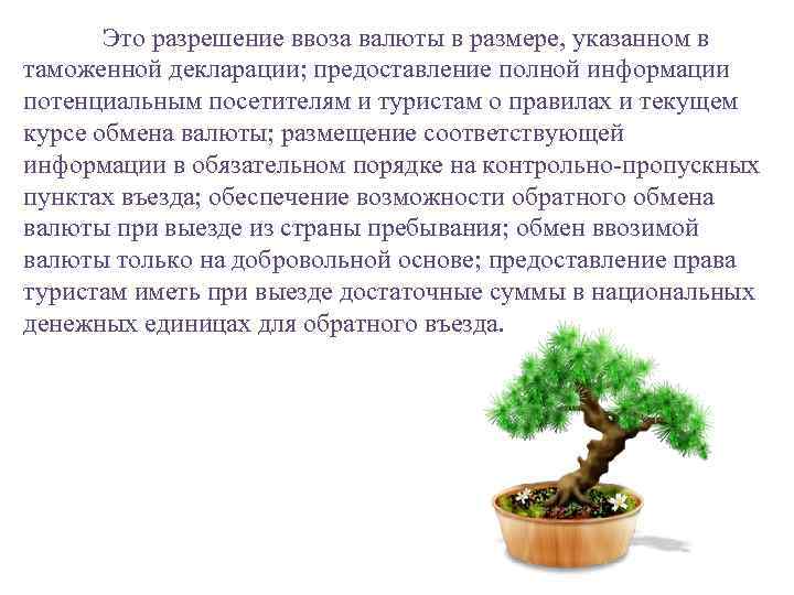 Это разрешение ввоза валюты в размере, указанном в таможенной декларации; предоставление полной информации потенциальным