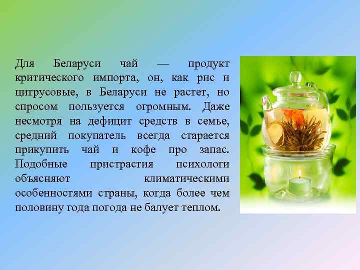 Для Беларуси чай — продукт критического импорта, он, как рис и цитрусовые, в Беларуси