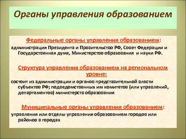 Органы управления образованием Федеральные органы управления образованием: администрация Президента и Правительство РФ, Совет Федерации