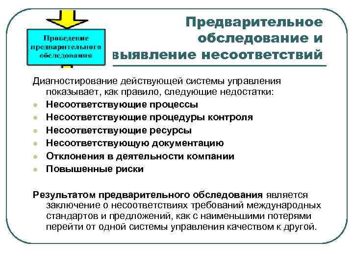 Предварительное обследование и выявление несоответствий Диагностирование действующей системы управления показывает, как правило, следующие недостатки: