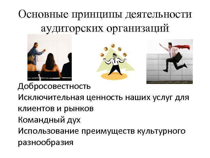 Основные принципы деятельности аудиторских организаций Добросовестность Исключительная ценность наших услуг для клиентов и рынков