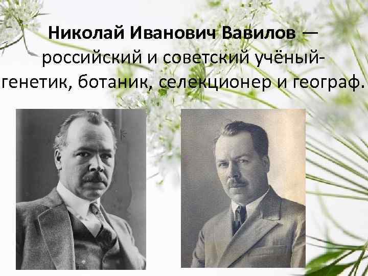 Николай Иванович Вавилов — российский и советский учёныйгенетик, ботаник, селекционер и географ. 