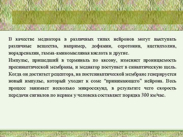 В качестве медиатора в различных типах нейронов могут выступать различные вещества, например, дофамин, серотонин,