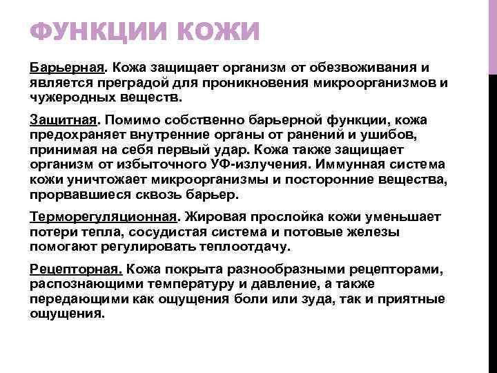 ФУНКЦИИ КОЖИ Барьерная. Кожа защищает организм от обезвоживания и является преградой для проникновения микроорганизмов