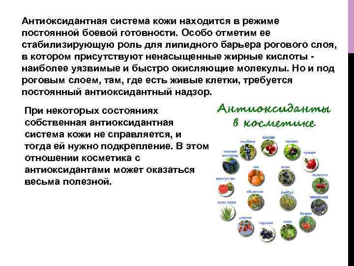 Антиоксидантная система кожи находится в режиме постоянной боевой готовности. Особо отметим ее стабилизирующую роль