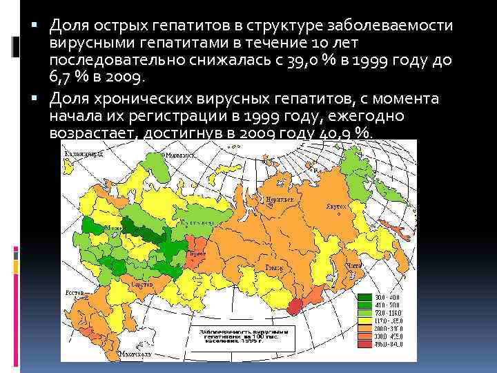  Доля острых гепатитов в структуре заболеваемости вирусными гепатитами в течение 10 лет последовательно