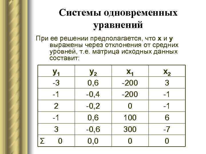 Системы одновременных уравнений При ее решении предполагается, что х и у выражены через отклонения