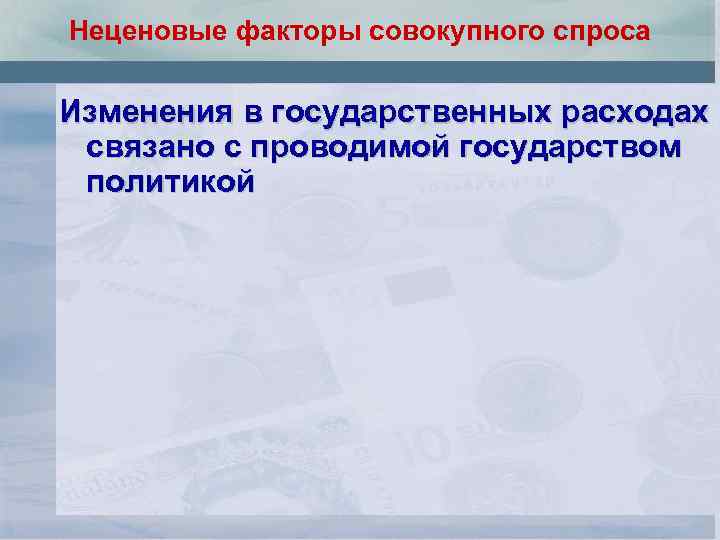 Неценовые факторы совокупного спроса Изменения в государственных расходах связано с проводимой государством политикой 