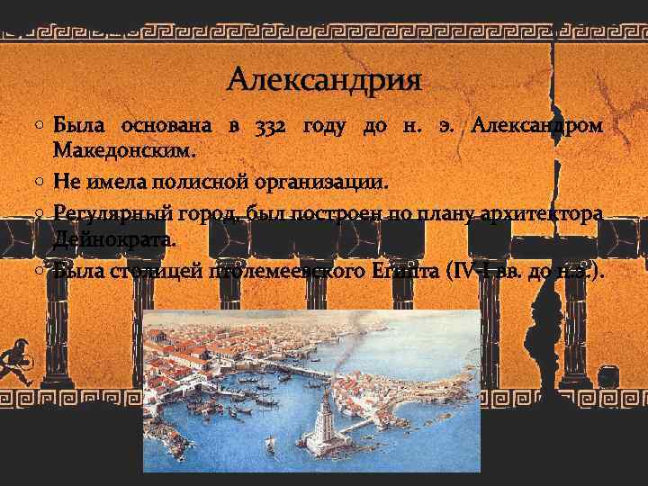 Александрия Была основана в 332 году до н. э. Александром Македонским. Не имела полисной