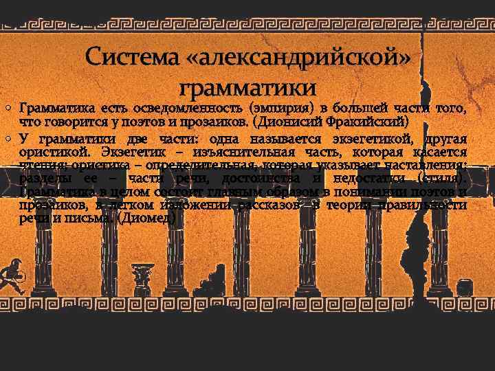 Система «александрийской» грамматики Грамматика есть осведомленность (эмпирия) в большей части того, что говорится у