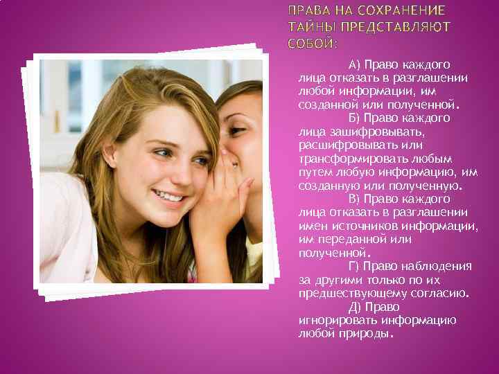 А) Право каждого лица отказать в разглашении любой информации, им созданной или полученной. Б)