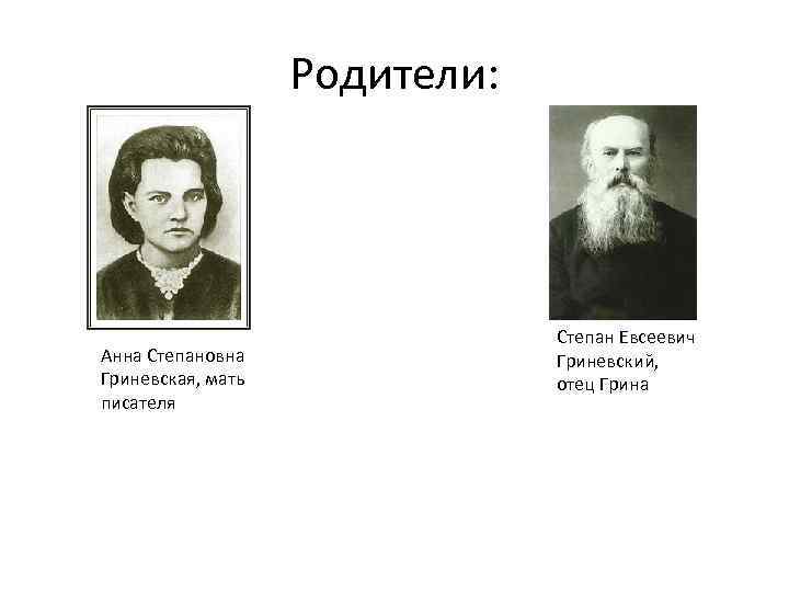 Родители: Анна Степановна Гриневская, мать писателя Степан Евсеевич Гриневский, отец Грина 