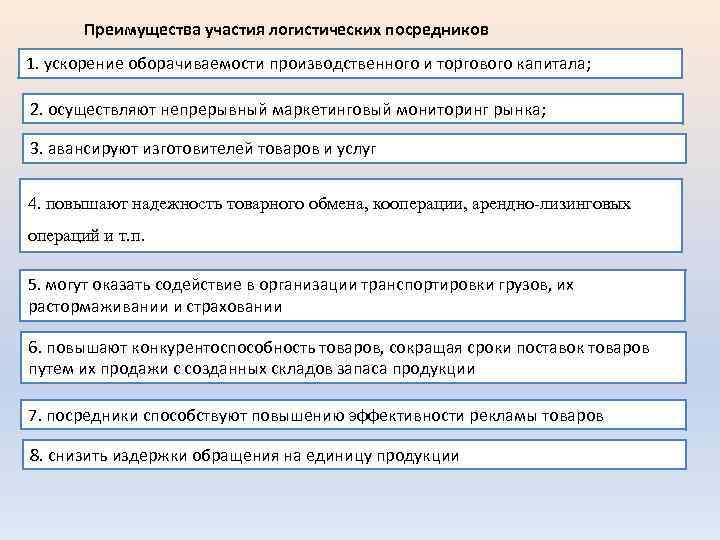 Преимущества участия логистических посредников 1. ускорение оборачиваемости производственного и торгового капитала; 2. осуществляют непрерывный